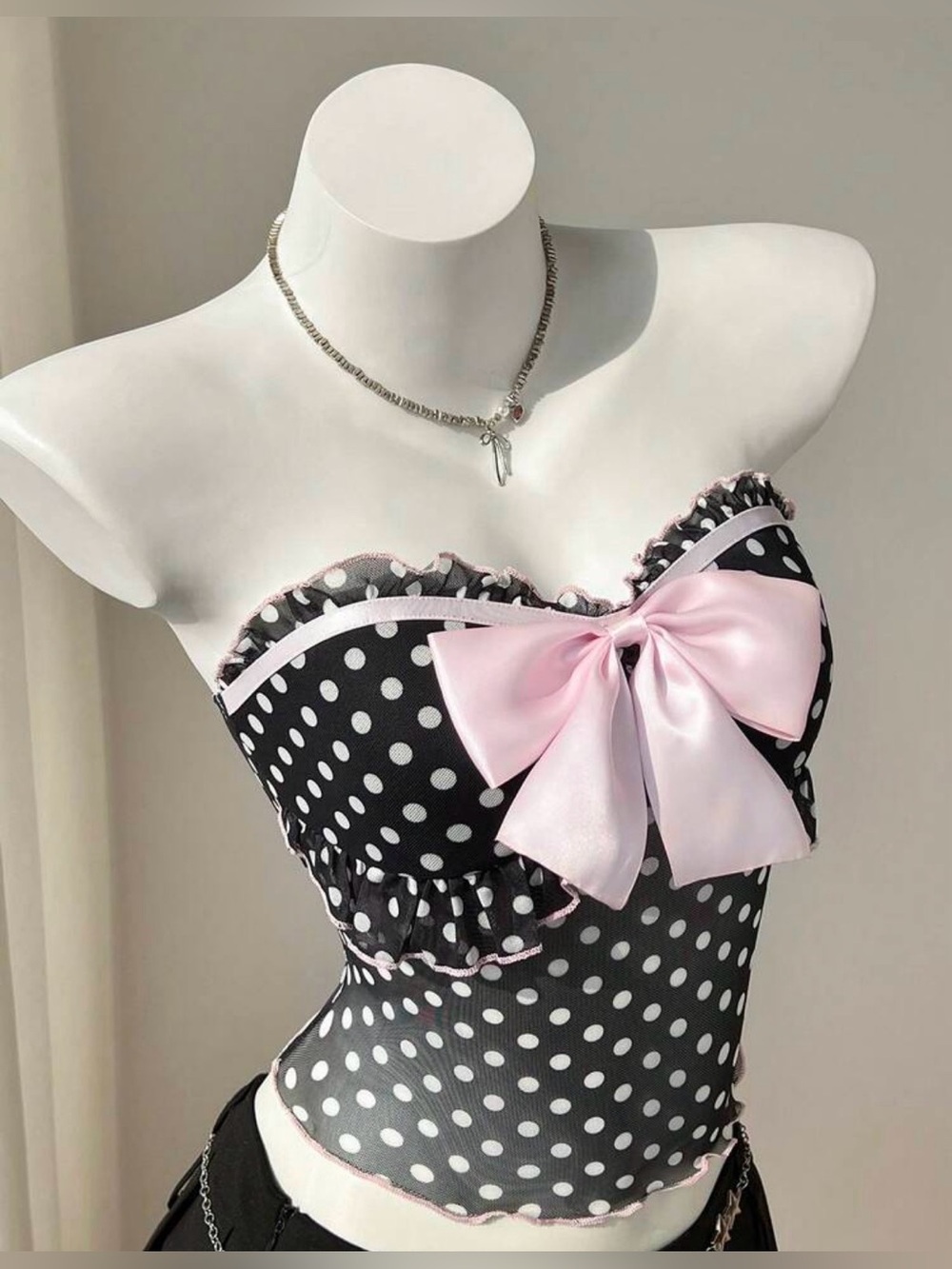 Black Polka Dot Mesh Bow Tube Top | Coquette Y2K